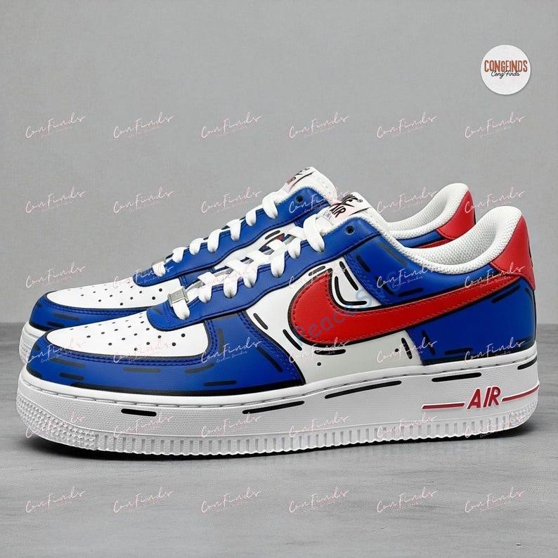 Hand-Painted Air Force 1 Sneakers: Custom Red & Blue Gameday Shoes