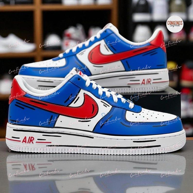 Hand-Painted Football Team Air Force 1: Gameday Red Blue Comic Sneakers