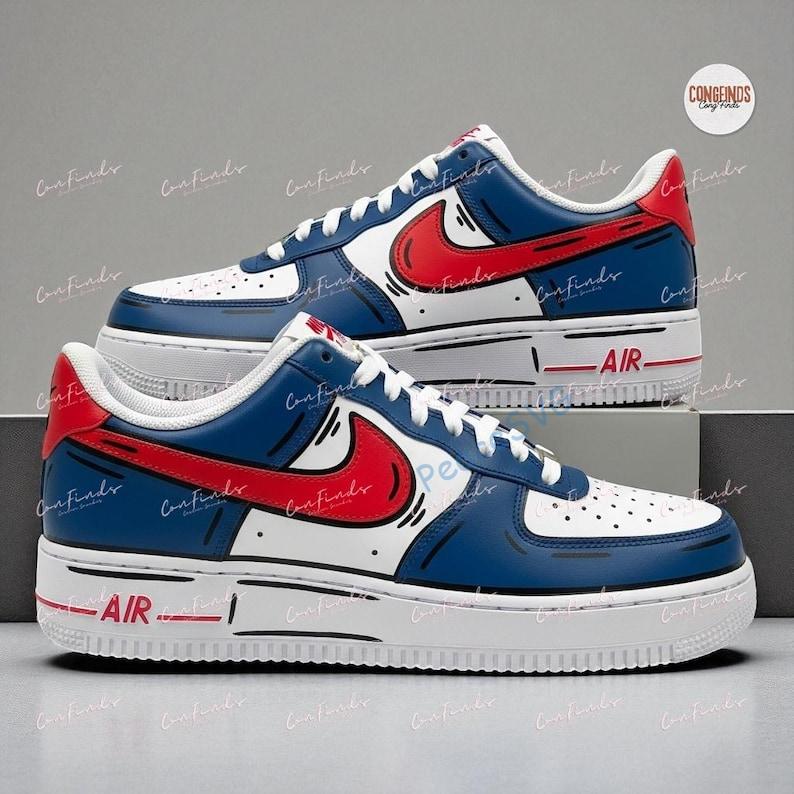 Hand-Painted Comic Cartoon Style Sneakers: Custom Red & Blue Air Force 1