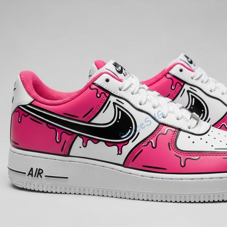 Hand-Painted Air Force 1 Sneakers: Pink Drip Cartoon Design