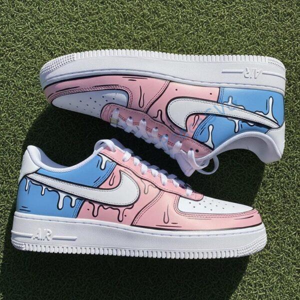 Hand-Painted Air Force 1 Sneakers: Pink & Blue Drip Cartoon Design