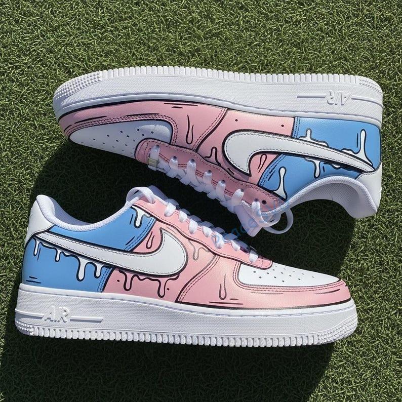 Hand-Painted Air Force 1 Sneakers: Pink & Blue Drip Cartoon Design