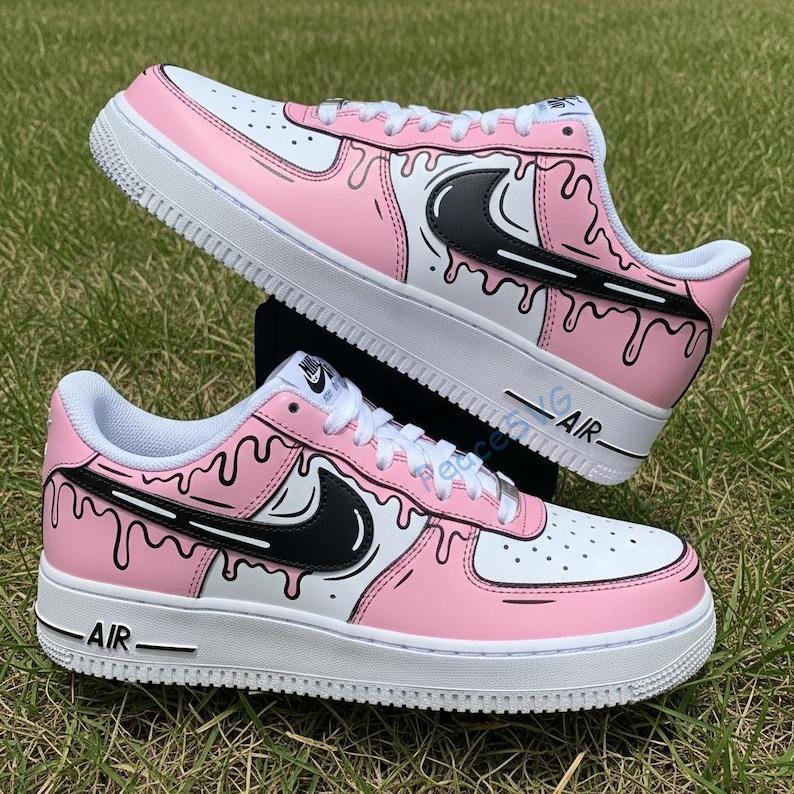 Custom Pink Drip Air Force 1 Sneakers: Hand-Painted Cartoon Design