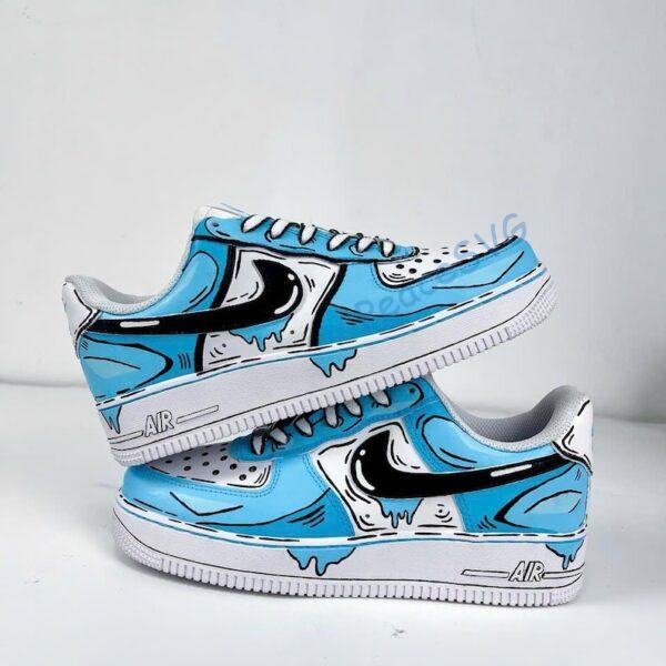 Custom Air Force 1: Hand-Painted Blue Cartoon Drip Sneakers