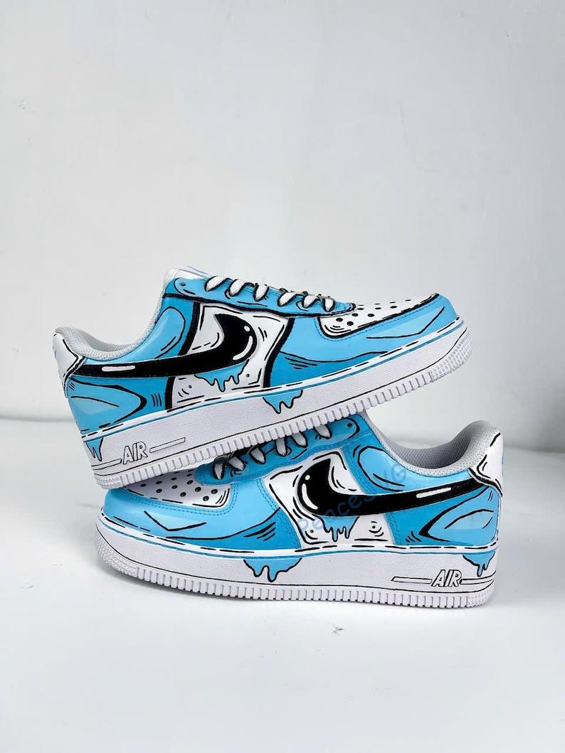 Custom Air Force 1: Hand-Painted Blue Cartoon Drip Sneakers