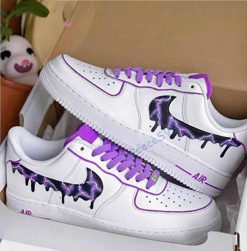 Hand-Painted Lightning Drip AF1 Sneakers: Custom Purple Air Force 1