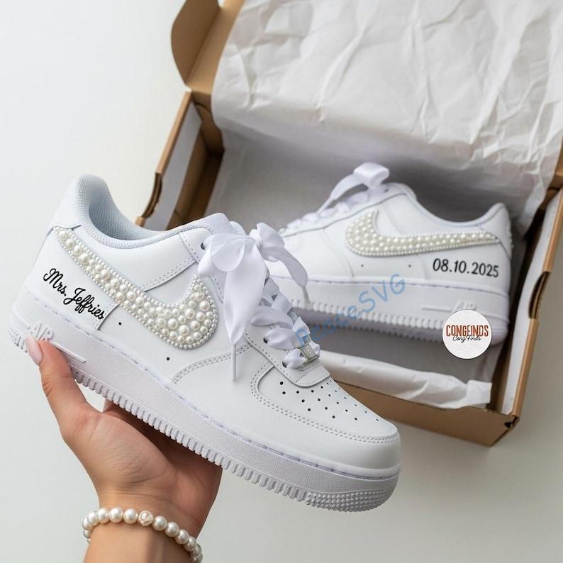 Custom Pearl Wedding Sneakers: Bride & Groom Air Force 1s