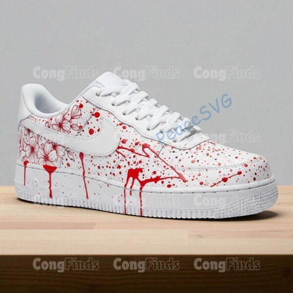 Alternative view of Hand-Painted Splatter Air Force 1 Sneakers: Red Drip & Floral, Custom Horror Shoes