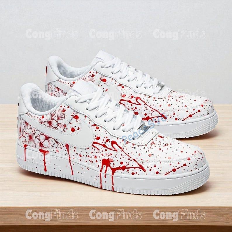 Hand-Painted Splatter Air Force 1 Sneakers: Red Drip & Floral