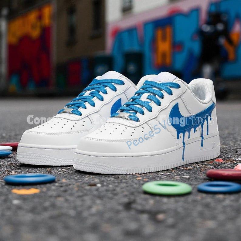 Hand-Painted Blue Drip Air Force 1s: Custom Streetwear Sneakers