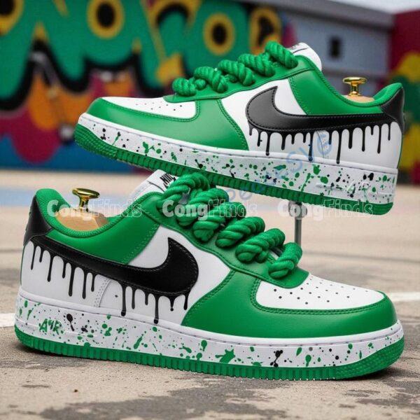 Custom Black Drip Air Force 1: Hand-Painted Green Splatter AF1 Sneakers