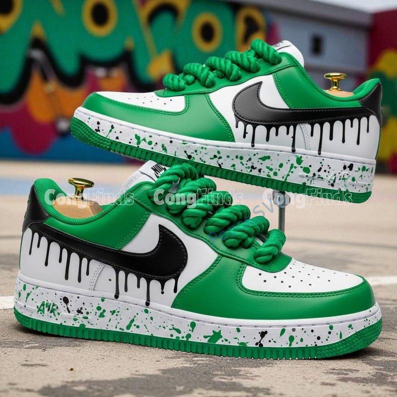 Custom Black Drip Air Force 1: Hand-Painted Green Splatter AF1 Sneakers
