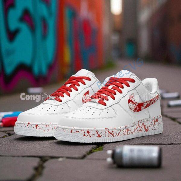Custom Red Splatter Air Force 1s: Hand-Painted Black & White AF1 Shoes