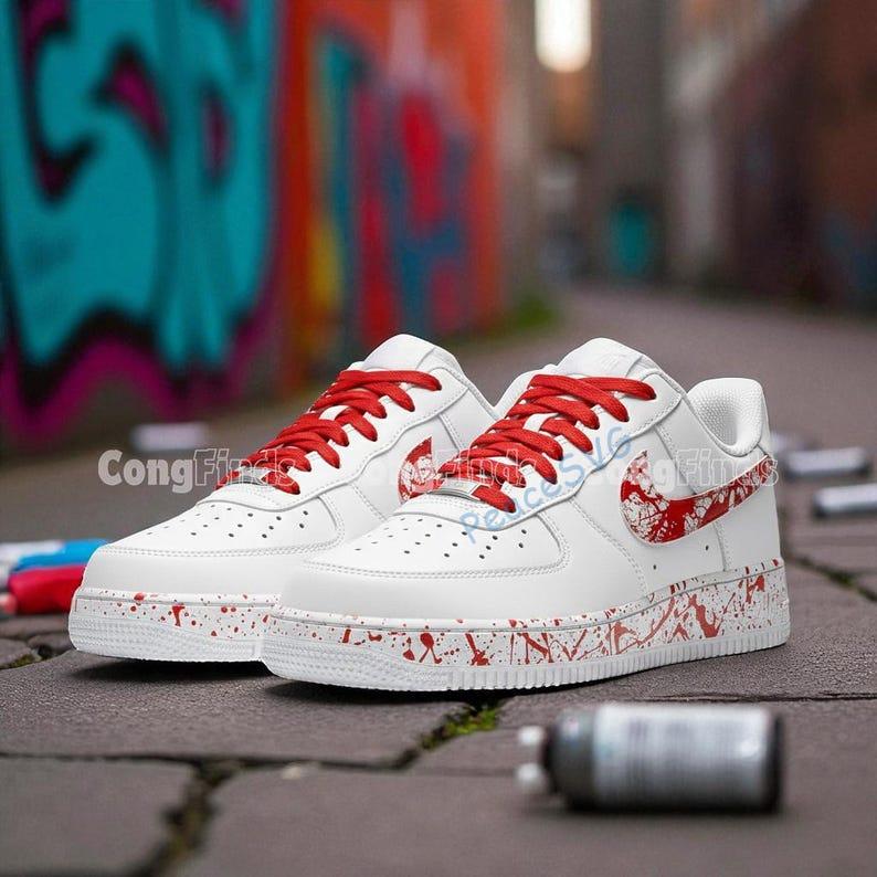 Custom Red Splatter Air Force 1s: Hand-Painted Black & White AF1 Shoes