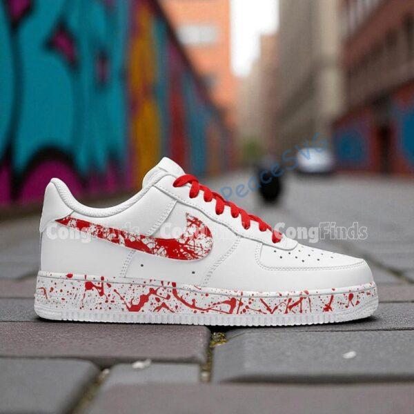 Alternative view of Custom Red Splatter Air Force 1s: Hand-Painted Black & White AF1 Shoes