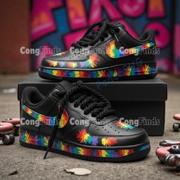 Colorful Rainbow Splatter Black Air Force 1, Hand-Painted Artistic Shoes, Unique Tie-Dye Sneakers