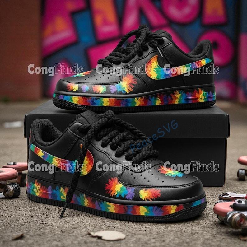 Colorful Rainbow Splatter Black Air Force 1, Hand-Painted Artistic Shoes, Unique Tie-Dye Sneakers