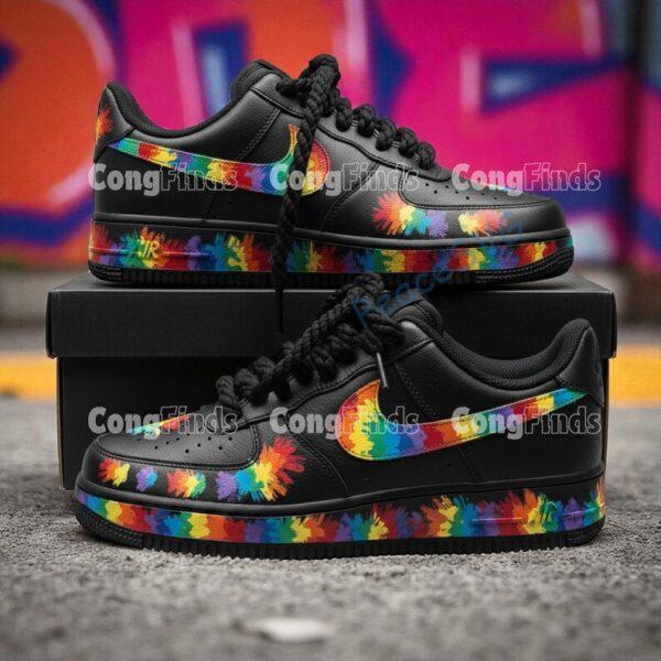 Alternative view of Colorful Rainbow Splatter Black Air Force 1, Hand-Painted Artistic Shoes, Unique Tie-Dye Sneakers