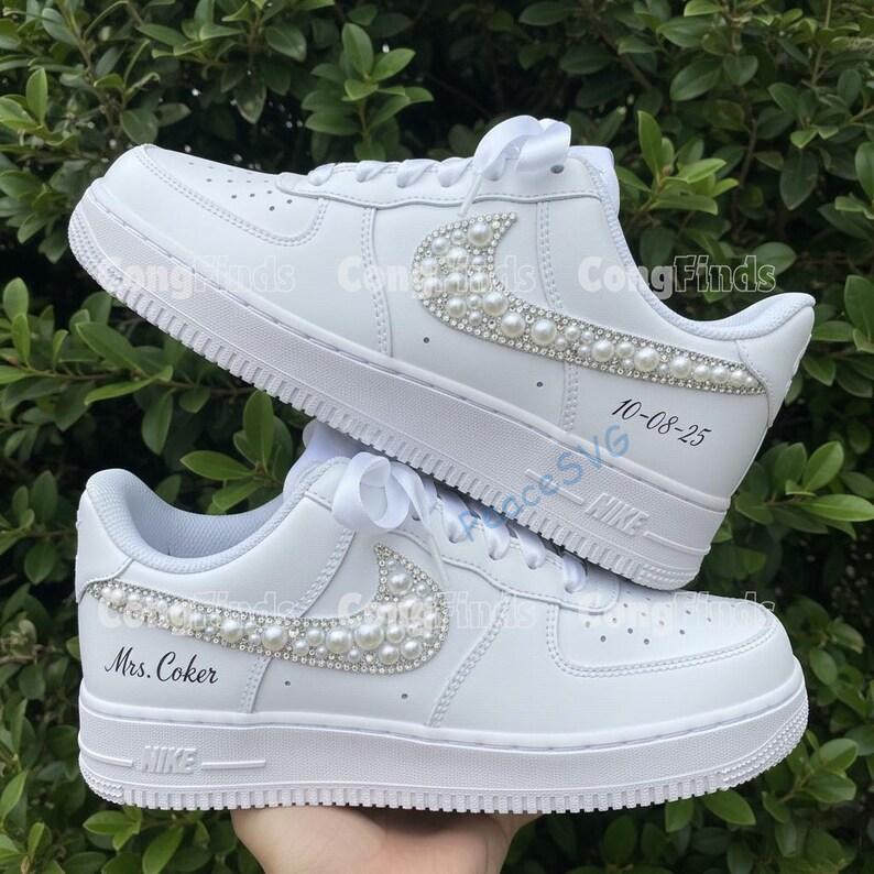 Personalized Wedding Air Force 1s: Hand-Embellished Pearl & Rhinestone Sneakers