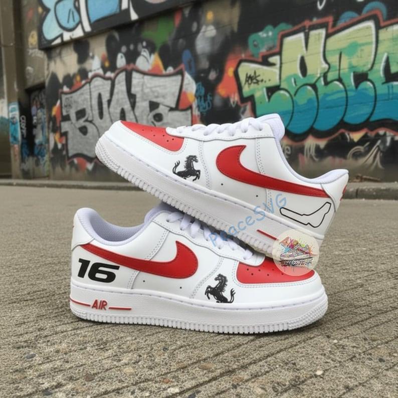 Hand-Painted F1 Racing Sneakers: Custom Red White AF1