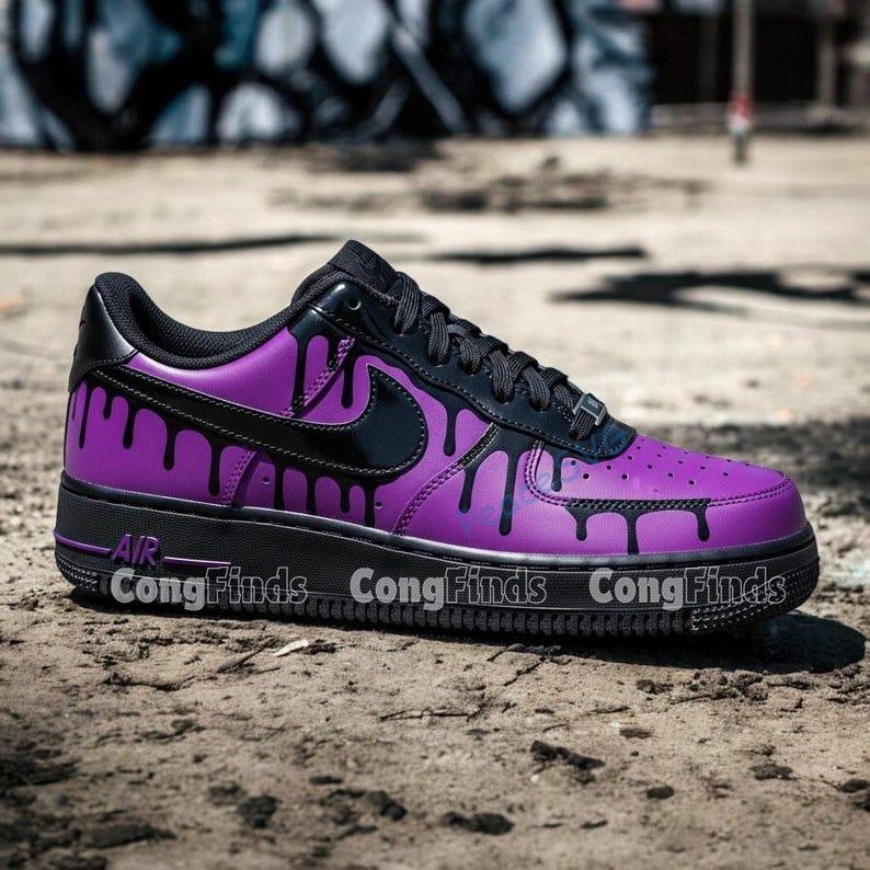 Hand Painted Drip Air Force 1 Sneakers: Purple & Black