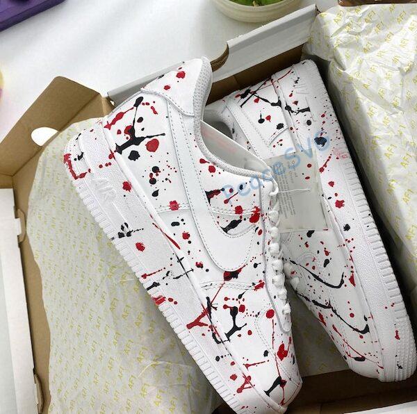 Hand Painted Custom Air Force 1 Sneakers: Red Black Splatter Art