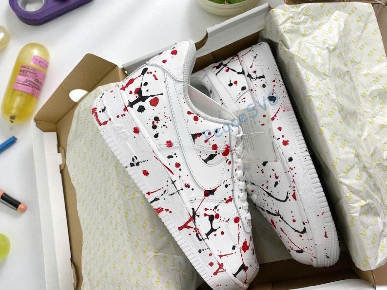 Hand Painted Custom Air Force 1 Sneakers: Red Black Splatter Art