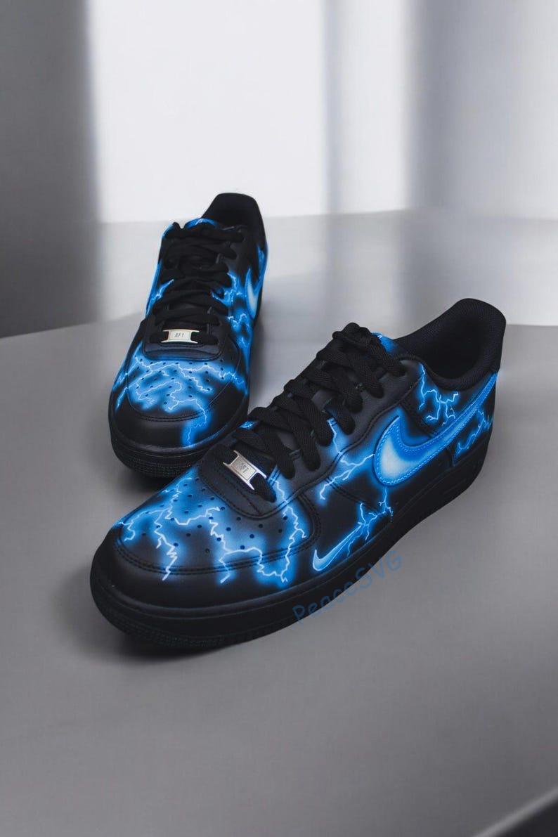 Custom Air Force 1 Sneakers: Hand Painted Electric Blue Lightning