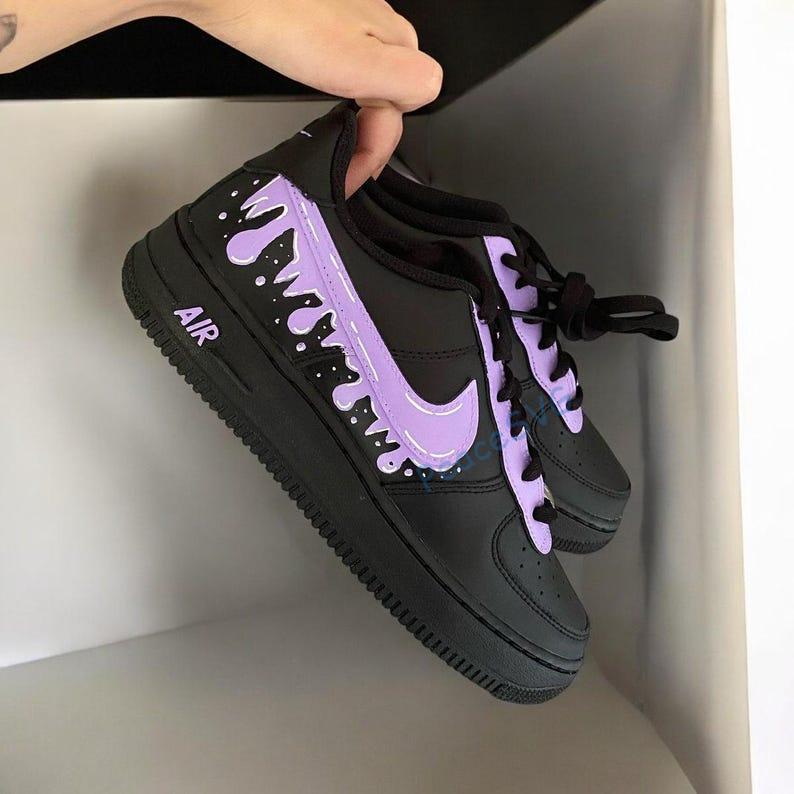 Custom Hand-Painted Air Force 1 Drip Sneakers: Black Lavender Shoes