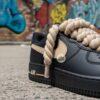 Hand-Painted Black AF1 Sneakers: Beige Rope Laces, Custom Streetwear - Image 8