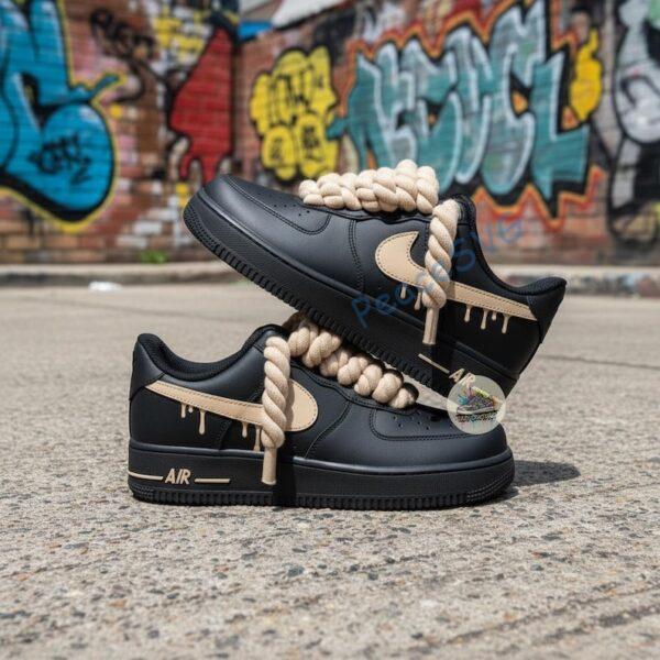Alternative view of Hand-Painted Black AF1 Sneakers: Beige Rope Laces, Custom Streetwear