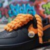 Custom Hand-Painted Black Air Force 1 Sneakers: Orange Drip, Splatter, Rope Lace - Image 9