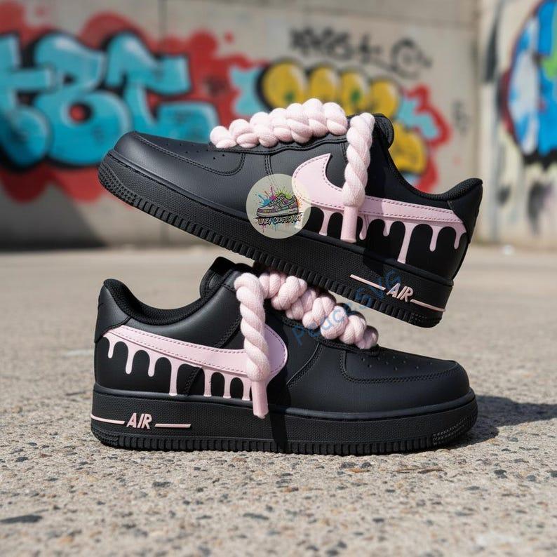 Custom Hand-Painted Black Air Force 1 Sneakers: Pink Pastel Drip