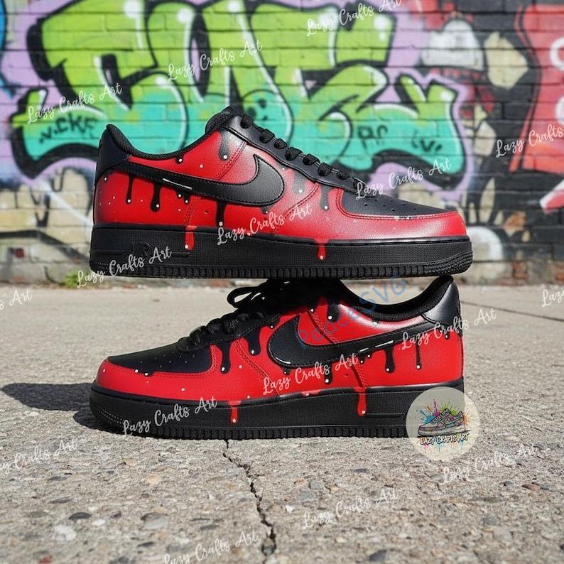 Hand-Painted Air Force 1 Sneakers: Red Drip Design