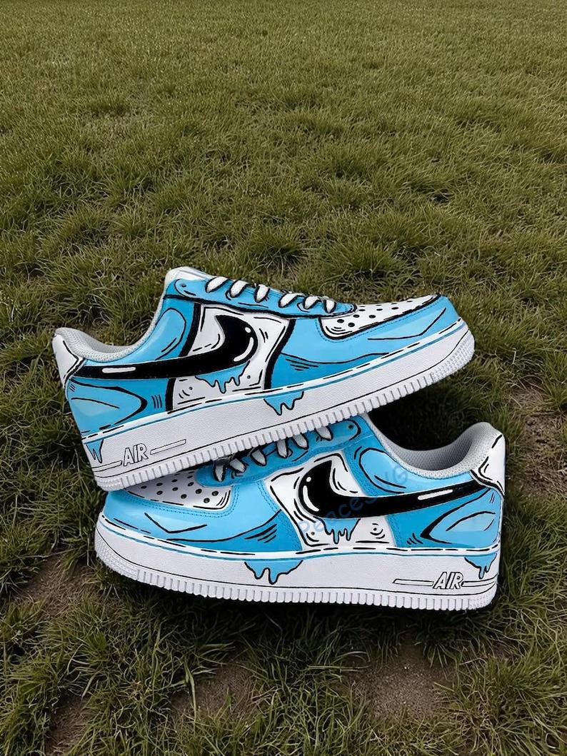 Hand-Painted Air Force 1 Sneakers: Blue Comic Drip Shoes
