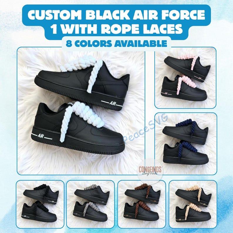 Custom Black Air Force 1 Sneakers: Hand-Painted Rope Lace AF1