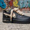 Hand-Painted Black AF1 Sneakers: Beige Rope Laces, Custom Streetwear - Image 6