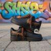 Custom Black AF1 Sneakers, Hand-Painted Brown Drip, Rope Laces