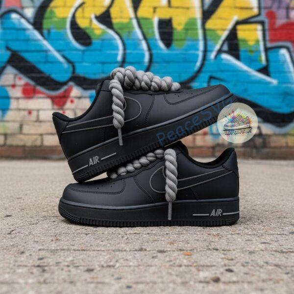 Alternative view of Custom Black Air Force 1 Sneakers, Hand-Painted Gray Drip, Rope Laces