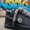 Custom Black Air Force 1 Sneakers, Hand-Painted Gray Drip, Rope Laces - Image 9
