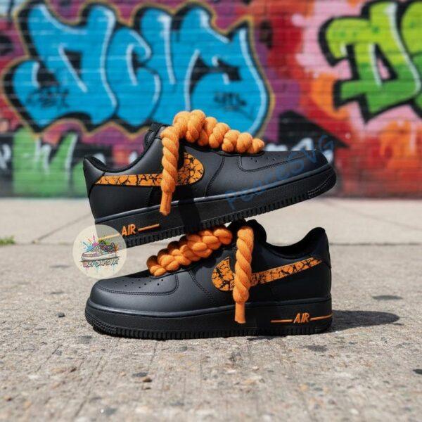 Alternative view of Custom Hand-Painted Black Air Force 1 Sneakers: Orange Drip, Splatter, Rope Lace