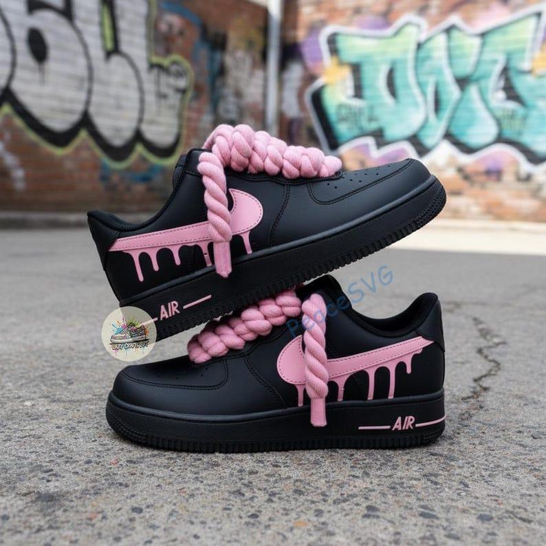 Custom Hand-Painted Black Air Force 1 Sneakers: Pink Drip