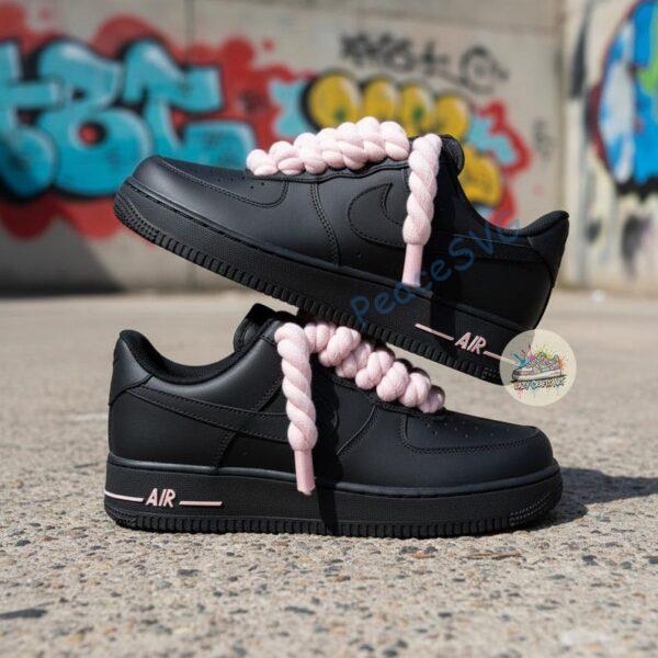Alternative view of Custom Hand-Painted Black Air Force 1 Sneakers: Pink Pastel Drip, Outline, Rope Lace
