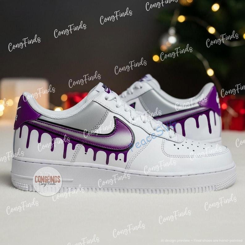 Hand Painted Purple Gray Drips AF1 Sneakers: Custom Color Block Shoes