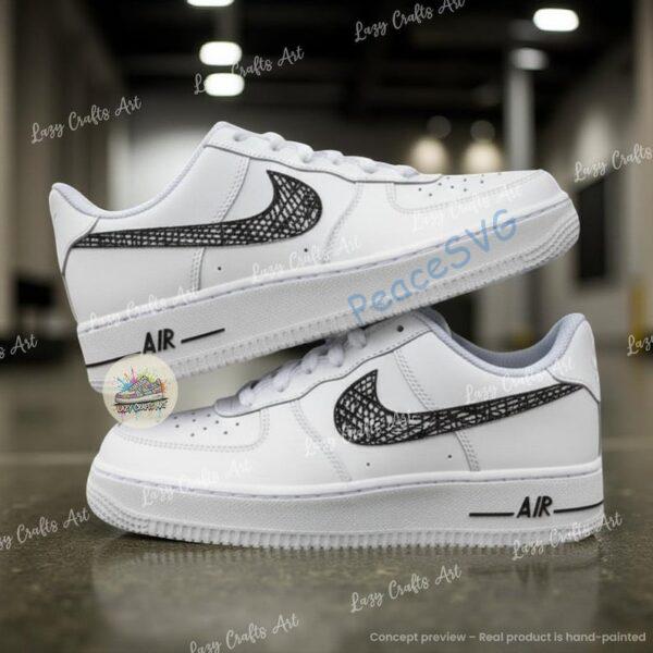 Custom Air Force 1 Abstract Line Art Swoosh, Hand Painted White AF1 Sneakers