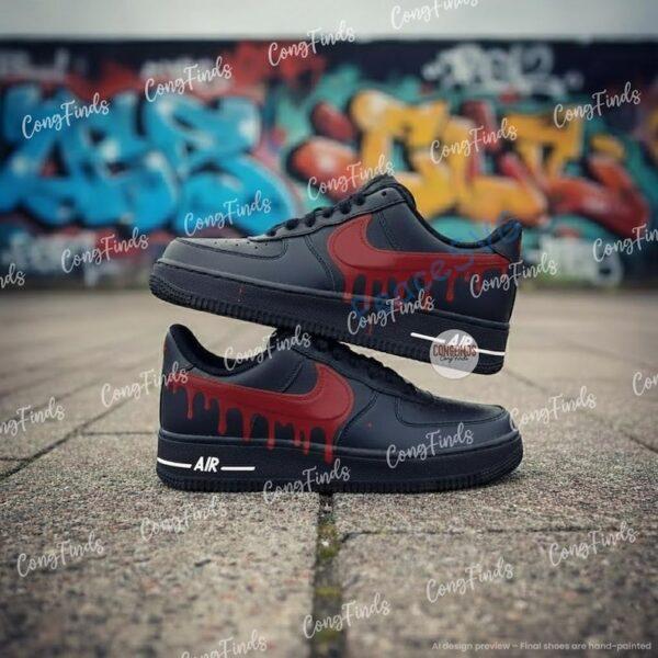 Alternative view of Custom Drip Swoosh Air Force 1 Black Shoes: Hand Painted Minimal & Dripping Shoes