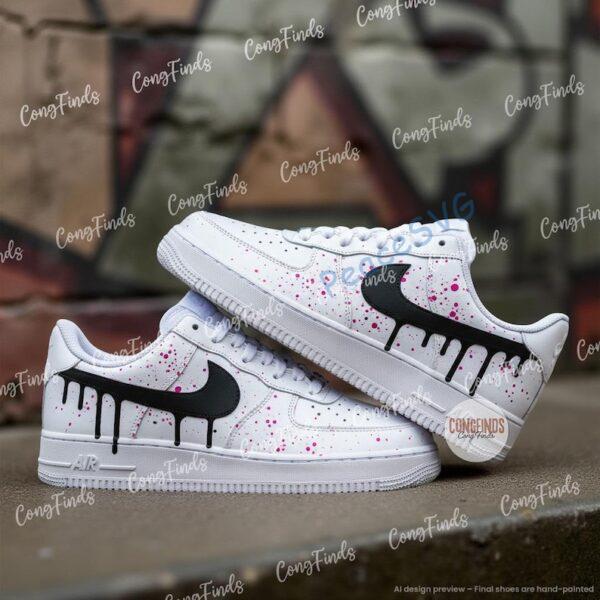 Custom Hand-Painted Air Force 1 Sneakers, Black Drip, Pink Splatter