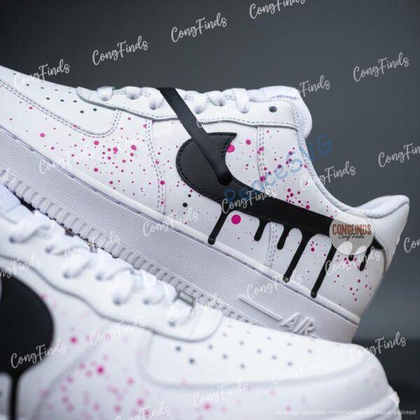 Alternative view of Custom Hand-Painted Air Force 1 Sneakers, Black Drip, Pink Splatter
