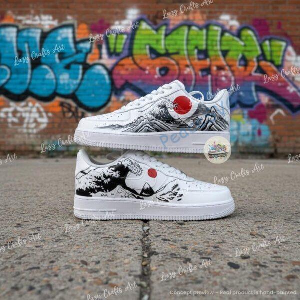 Personalized Japanese Mt Fuji Air Force 1, Great Wave Red Sun Hand Painted AF1 Sneakers, Gift for Him Her