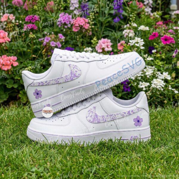 Alternative view of Custom Lavender Floral Air Force 1, Hand-Painted Purple Splatter Swoosh AF1 Sneakers